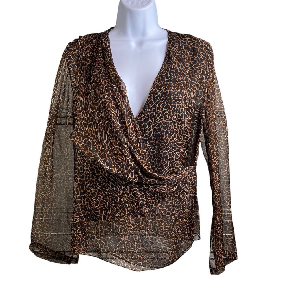 Alberto Makali Women's Brown Animal Print Wrap Top Size S Statement Mob Wife